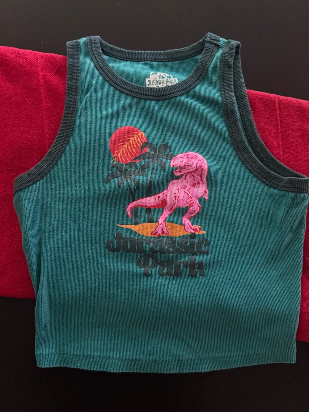 Jurassic Park Teal Ribbed Crop Tank with Pink Dino Graphic